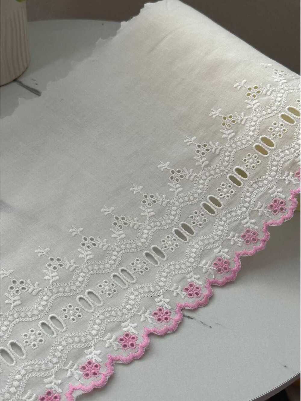 1Yd Non-Stretch 8.3" Off-White Pink Cotton Eyelet Embroidered Lace Trim